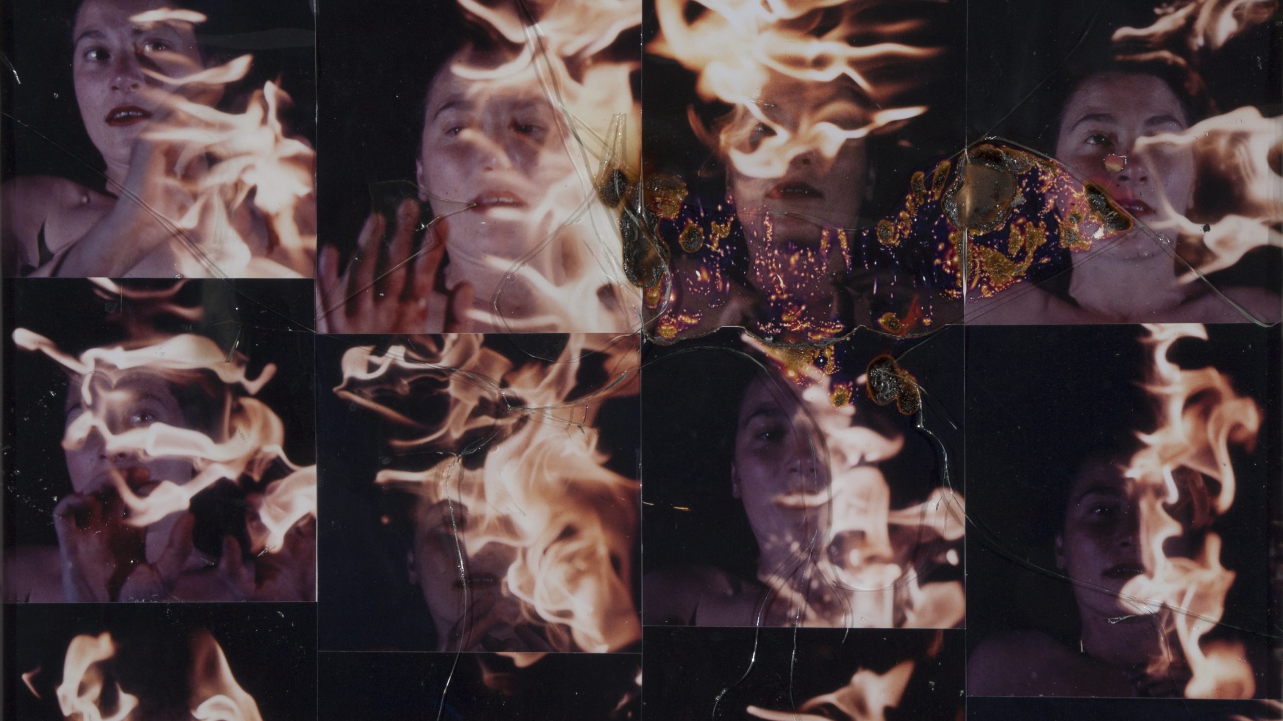 Collage with vintage colour photographs with fire and broken glass - cropped from the original image